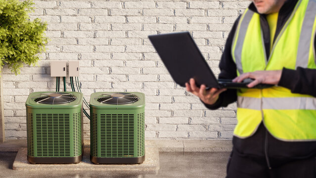 HVAC service. Technician inspects outdoor heat pump units with a laptop while diagnosing system performance and planning maintenance for climate control equipment.