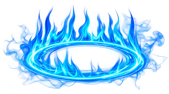 Bright blue fire ring with glowing flames isolated on transparent background