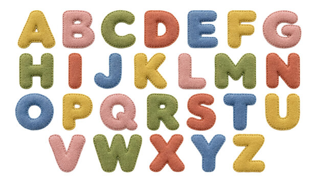 Colorful Soft Felt Fabric Alphabet Letters A to Z with Stitched Edges Isolated on Transparent Background