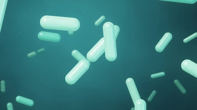Probiotic Bacteria and Bacilli Floating in Green Liquid 3D Animation