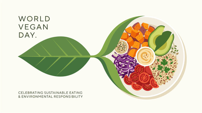 Large green leaf transforming into a plate of colorful vegan food, symbolic connection between nature and plant-based nutrition, minimalist 2d flat vector illustration, World Vegan Day