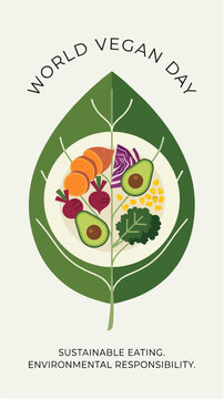 Large green leaf transforming into a plate of colorful vegan food, symbolic connection between nature and plant-based nutrition, minimalist 2d flat vector illustration, World Vegan Day