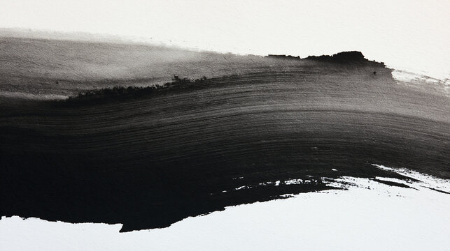 Abstract Black Ink Wash Brush Stroke Texture on White Paper Background