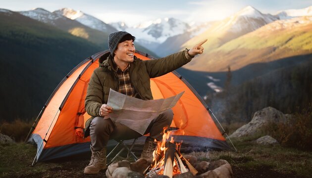 Smiling male traveler reading a map while sitting by a campfire in front of an orange tent in a scenic mountain valley during sunset.