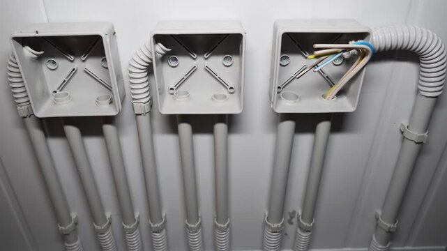Electrical junction boxes and corrugated conduit pipes installed on a wall