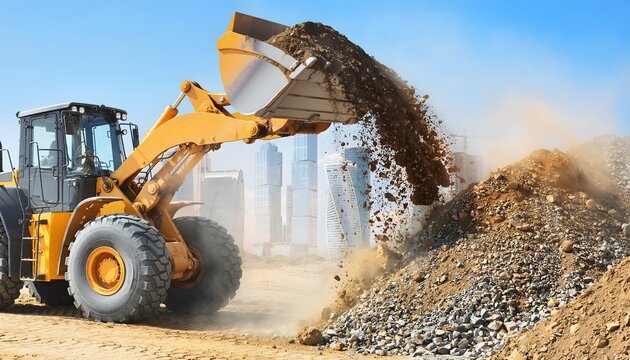 Heavy yellow wheel loader pouring gravel and soil at a dusty industrial civil construction site during daytime operations.