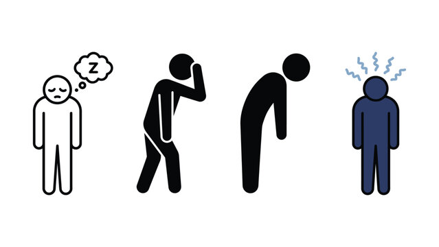 Set of abstract stick figure icons representing various human emotional states and mental health conditions