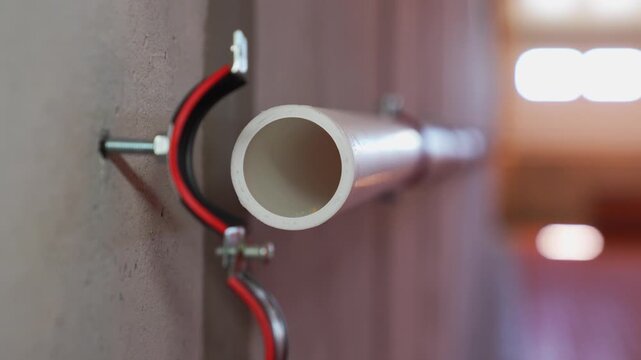 Close-up of a white PVC pipe secured to a wall with a metal clamp 