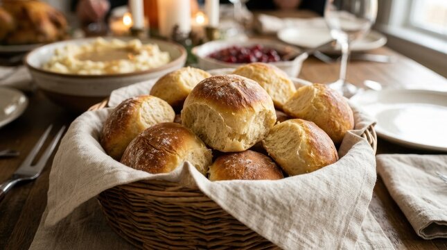 Freshly baked golden dinner rolls in a wicker basket. Holiday table setting with bread buns and thanksgiving dishes