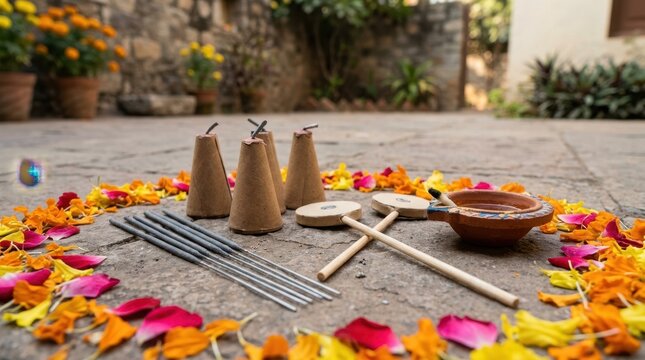 Traditional Diwali firecrackers and clay diya lamp on stone ground. Indian festival of lights decoration with marigold and rose petals