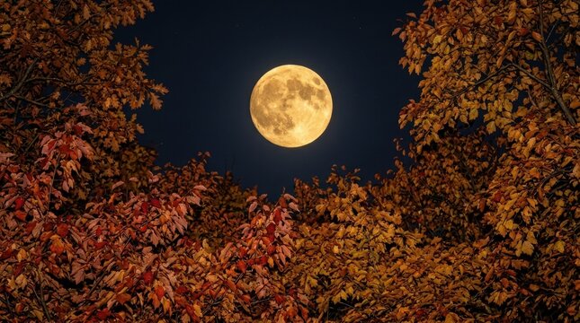 Golden full moon framed by colorful autumn leaves. Celestial lunar landscape at night with fall tree branches
