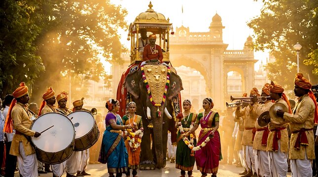 Grand Procession of Decorated Elephant during Traditional Indian Festival.