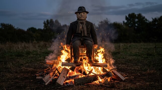 Guy Fawkes effigy burning on a large bonfire at night. Traditional British autumn festival celebration. Bonfire night fire in a field