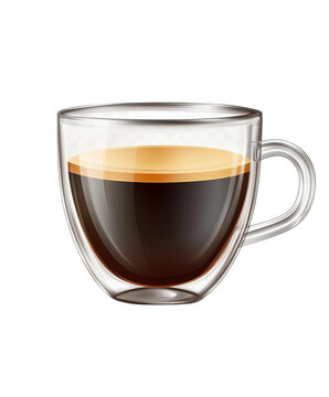 Glass espresso cup filled with dark aromatic coffee and golden crema served in a minimalist modern style on transparent background