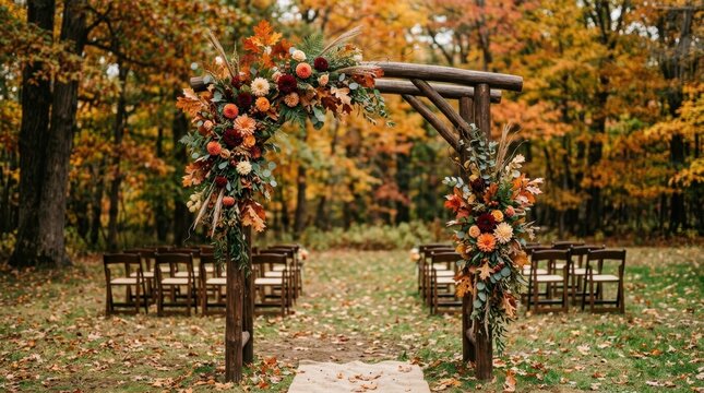 Wedding arch with fall leaves in autumn forest. Rustic wooden arch decorated with flowers and autumn foliage