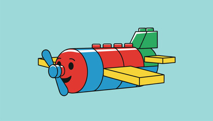 Fototapeta premium Colorful toy airplane built from plastic construction blocks with a cute smiling face on a light turquoise background.