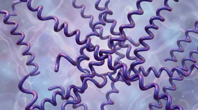 Abstract purple spiral shapes and wavy lines connected in a complex tangled web pattern