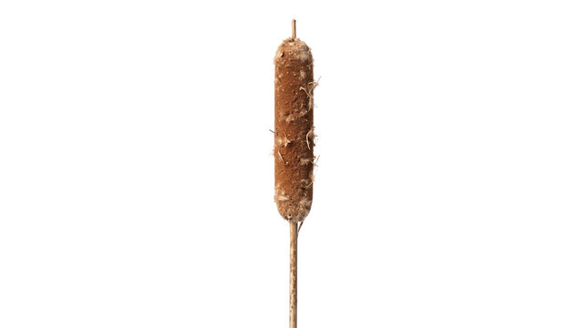 Dried cattail seed head with a warm brown natural texture and elegant silhouette, ideal for botanical, autumn and rustic design. Isolated on White background.
