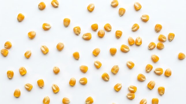 Scattered Dried Corn Kernels on White Background.