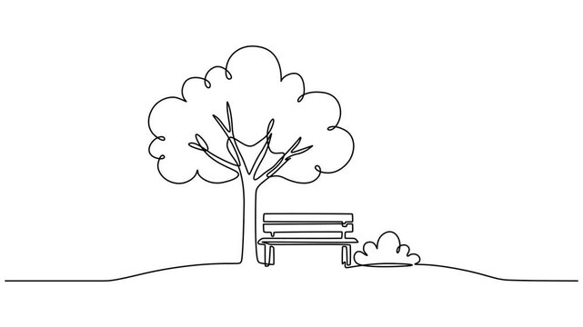 a tree with a bench and a small bush on a hill animation continuous one line drawing, Self drawing animation of wooden bench near tree in park drawn by continuous one line. Slow living concept, 4k pro