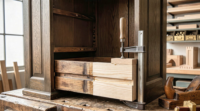 Restoration of antique oak cabinet with f-clamp securing new ash wood drawer runner on wooden workbench. Skilled carpentry repair and refinishing process in professional woodworking workshop