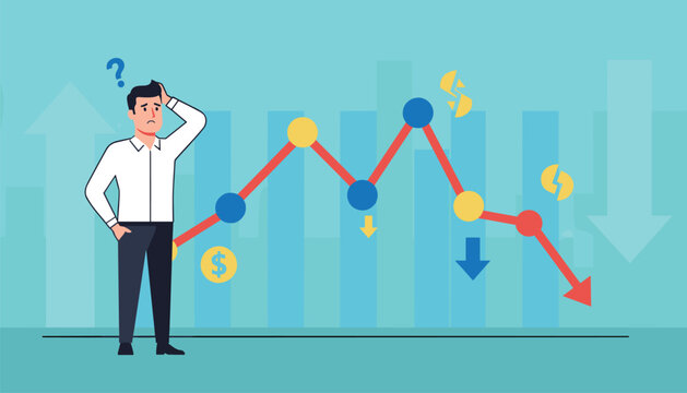 Confused businessman looking at a falling financial stock market graph with declining trend arrows and coin icons.