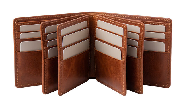 Brown leather wallet with multiple card slots, classic bifold men's wallet, genuine leather accessory for credit cards and cash isolated PNG with Transparent Background