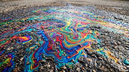 Fototapeta premium Rainbow Oil Spill on Asphalt Road - Abstract Color Pattern