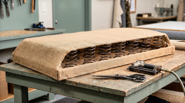 Woven jute burlap fabric covering coiled steel springs on seat construction on wooden workbench. Traditional furniture upholstery restoration with pneumatic staple gun and shears in workshop