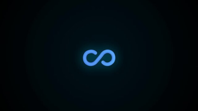 Abstract glowing blue infinity symbol animates on a dark background with subtle light streaks, representing eternity, endlessness, and continuous motion