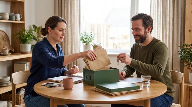 Adult siblings sort estate records into a home lockbox