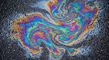 Obraz premium Vibrant iridescent oil slick on asphalt road, abstract colorful swirl pattern