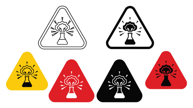 Explosion hazard warning sign set in various color variations and styles with explosion pyrotechnics chemical industrial reaction triangle