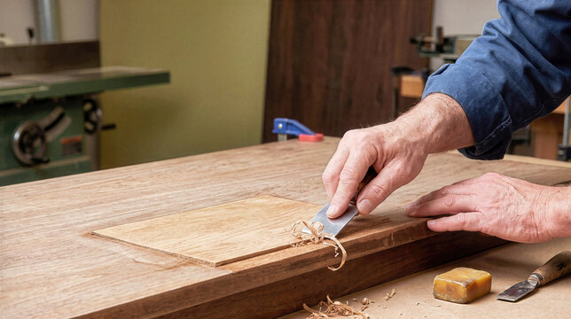 Restorer scraping and leveling wood veneer patch with steel scraper tool on workbench. Close-up of craftsman hands making wood shavings during antique furniture restoration in carpentry workshop