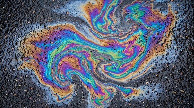 Vibrant iridescent oil slick on asphalt road, abstract colorful swirl pattern
