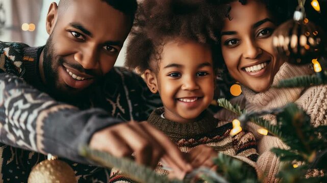 A smiling family decorates a tree together. The parents help their child place ornaments. The family shows love and joy. They are wearing sweaters. The setting shows a celebration for the holidays.