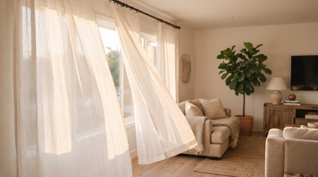 A gentle breeze rustles sheer curtains in a sunlit living room, highlighting the comfort and serenity of a bright, modern home interior design