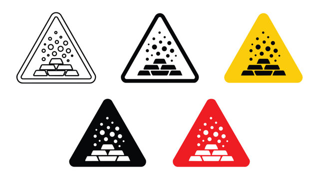 Set of gold bar triangle hazard warning sign icons in multiple styles with triangle precious treasure investment commodity financial collection