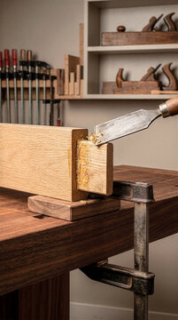 Sharp hand chisel scraping hardened glue residue from solid oak tenon joint clamped to wooden workbench. Woodworker restoring antique furniture during joinery process in carpentry workshop