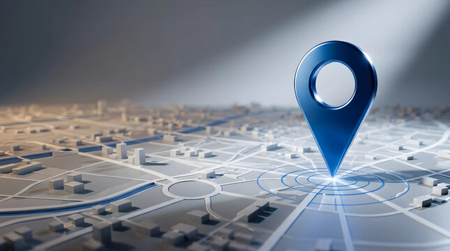 3D blue location pin icon on minimalist grey city map background with navigation rings and dramatic spotlight lighting for GPS concept.