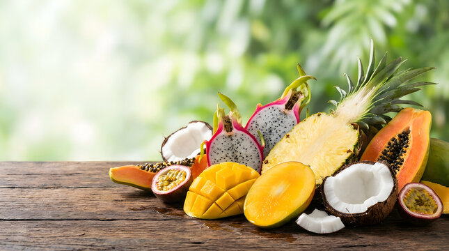 Assorted tropical fruits on a wooden table including dragon fruit, mango, papaya, and pineapple