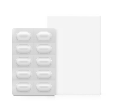 Silver blister packaging with paperboard box mockup set with capsule pills for design, branding, presentation. 3D hight realistic editable vector illustration isolated on white background. EPS10.