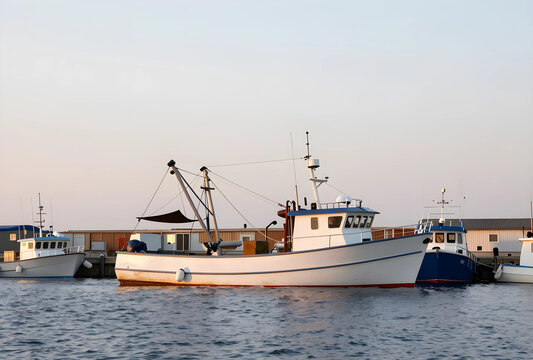 Commercial fishing and maritime industry, trawler boats docked at a harbor pier during calm sunset for seafood supply chain and marine logistics