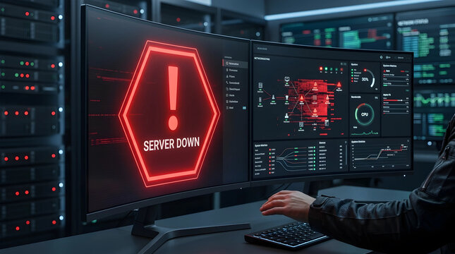 IT professional managing critical server down error on dual monitor workstation in dark data center environment with data dashboards.