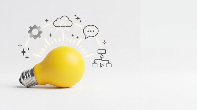 Bright yellow light bulb with floating digital icons representing cloud computing, automation, and business strategy on a clean white background for innovation concepts.