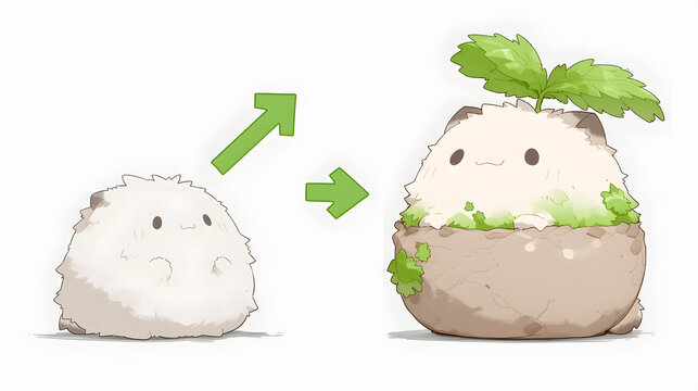 Cute fluffy creature evolution and growth concept, small to big transformation with upward green arrows illustration.