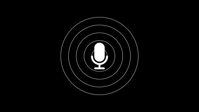 White Microphone Vector Icon Animation with Concentric Sound Waves on Black Background for Podcast Recording Studio, Voice Recognition UI, Audio Technology, and Radio Station Overlay.