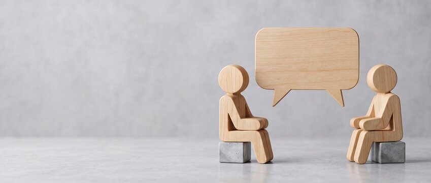 Minimalist wooden figures with speech bubble on grey background, symbolizing business communication, customer feedback, and dialogue.