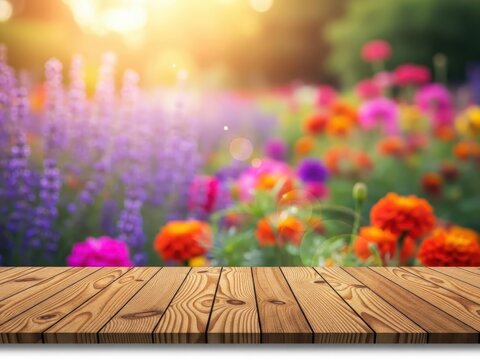 Colorful flowers blooming on wooden deck at sunset