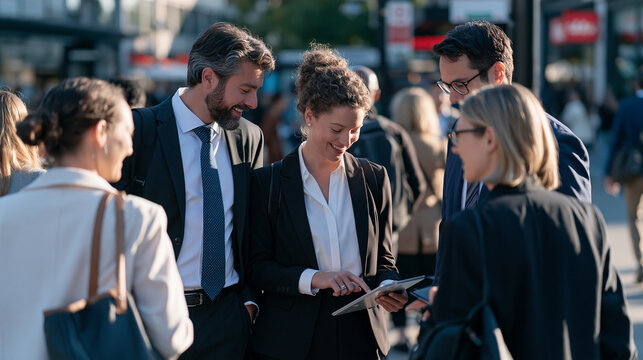 An insurance assessment team in business attire walks a busy urban pedestrian zone together, a diverse group referencing a shared remote proctoring exam monitoring checklist on a